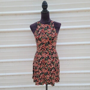 Hollister A-Line Sundress Printed Floral Back Keyhole Side Zipper High Neck sz S